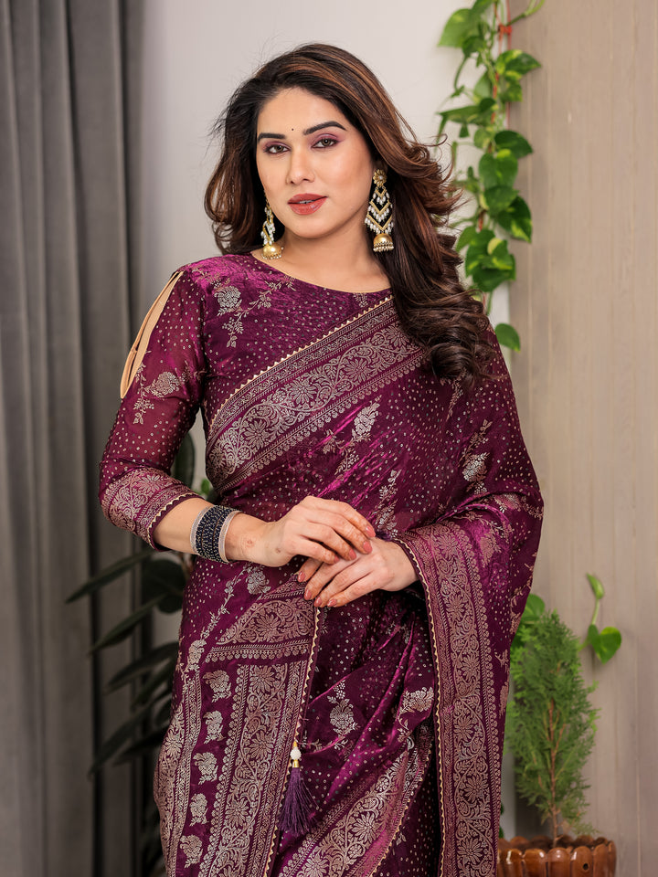 Wine Purple Fendi Satin Floral Block & Foil Printed Saree with Ornamental Border, Tassel Edges & Attached Blouse