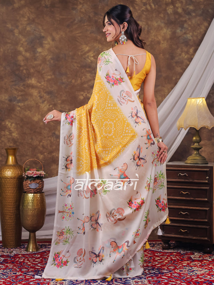 Vantara Mustard Yellow Satin Chiffon Printed Saree with Floral Heritage Print, Designer Tassel Pallu & Matching Blouse Piece