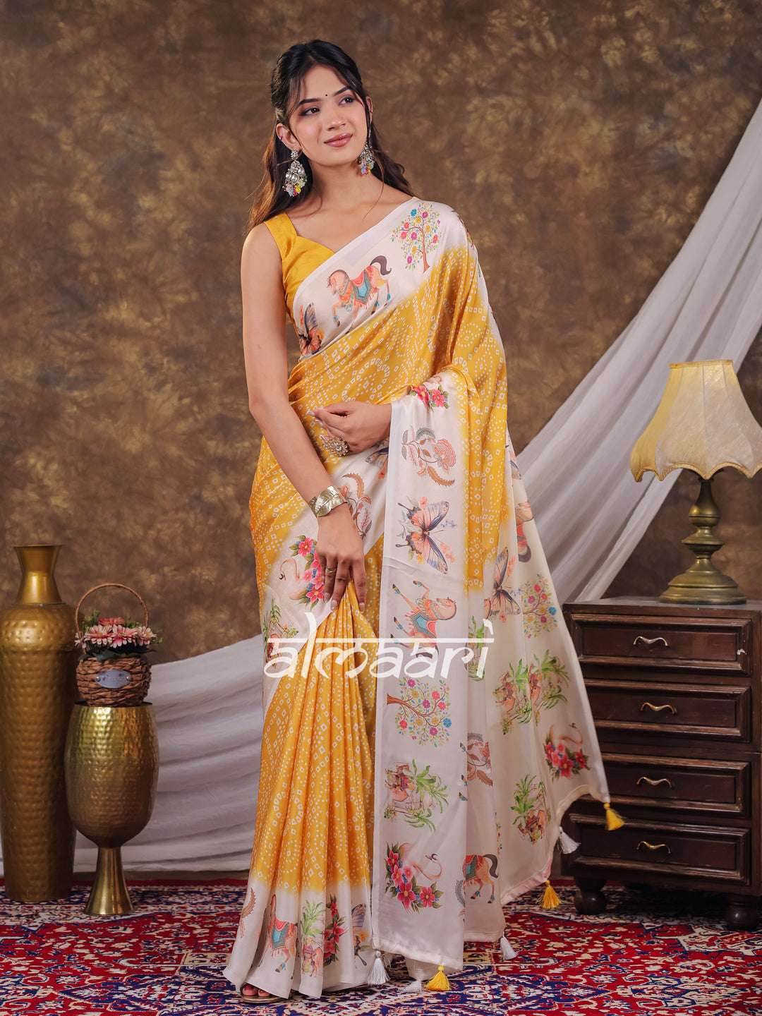 Vantara Mustard Yellow Satin Chiffon Printed Saree with Floral Heritage Print, Designer Tassel Pallu & Matching Blouse Piece