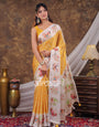 Vantara Mustard Yellow Satin Chiffon Printed Saree with Floral Heritage Print, Designer Tassel Pallu & Matching Blouse Piece