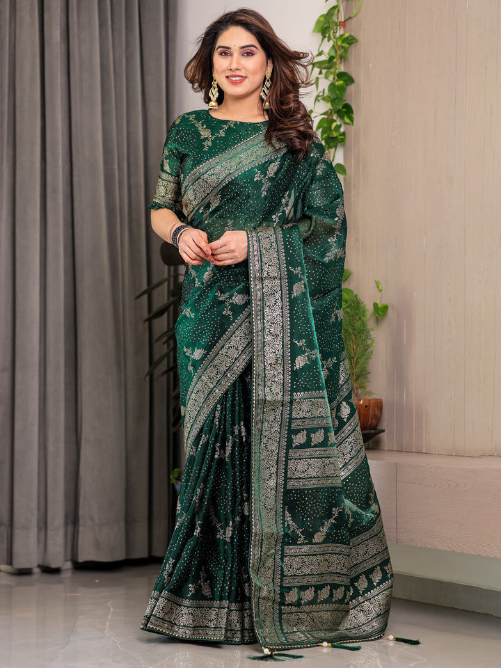 Bottle Green Fendi Satin Floral Block & Foil Printed Saree with Ornamental Border, Tassel Edges & Attached Blouse