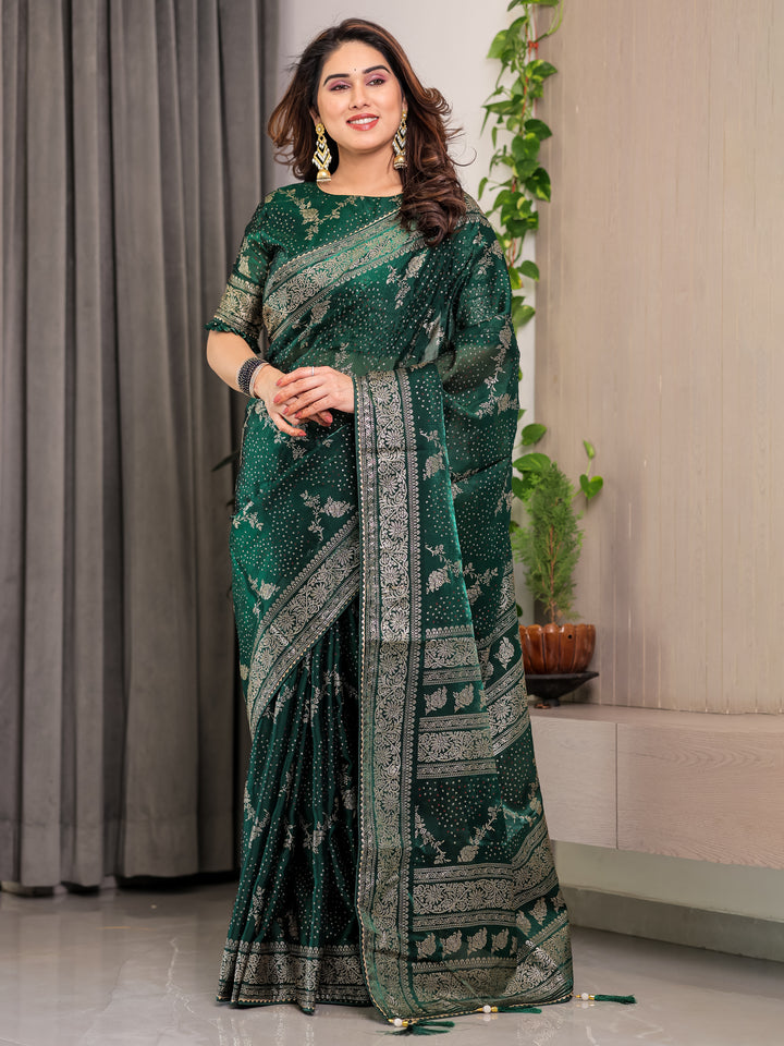 Bottle Green Fendi Satin Floral Block & Foil Printed Saree with Ornamental Border, Tassel Edges & Attached Blouse