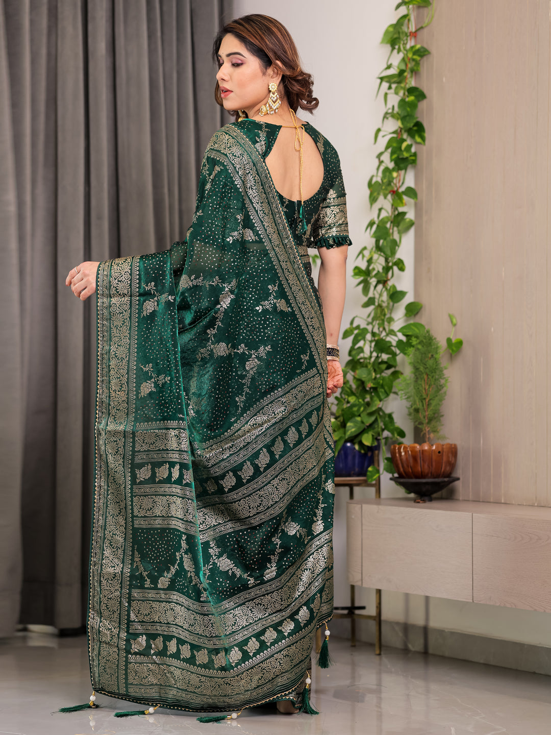 Bottle Green Fendi Satin Floral Block & Foil Printed Saree with Ornamental Border, Tassel Edges & Attached Blouse