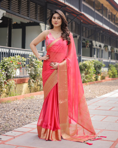 Flamingo Pink Plain Chiffon Saree with Gold Zari Border, Patterned Blouse & Tassel Detailing