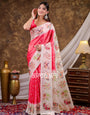 Vantara Coral Pink Satin Chiffon Printed Saree with Heritage Floral Print, Designer Tassel Pallu & Matching Blouse Piece