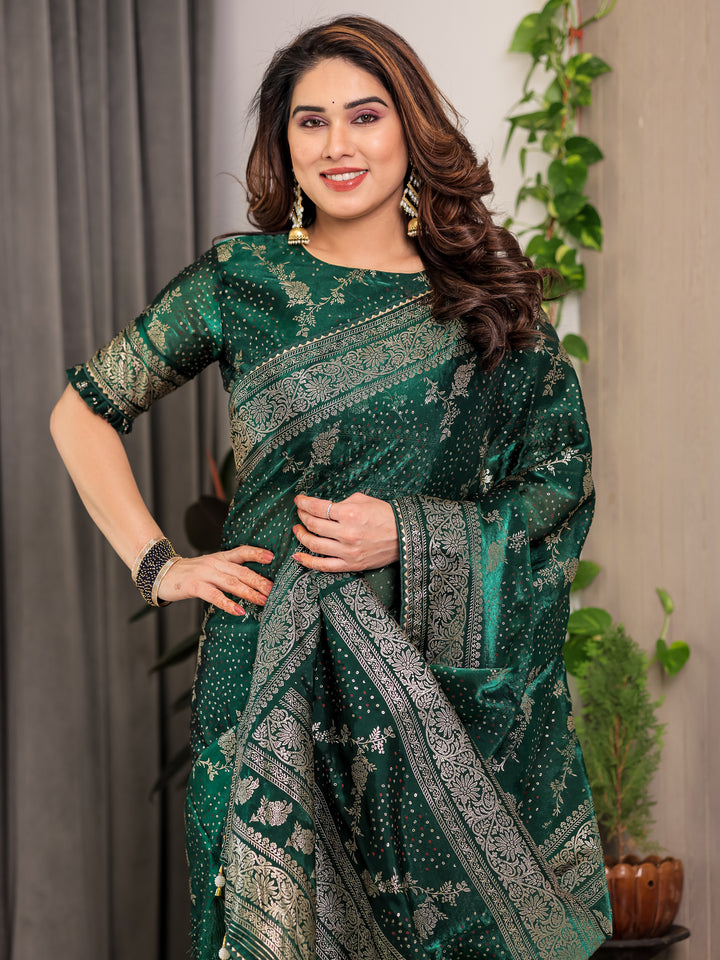 Bottle Green Fendi Satin Floral Block & Foil Printed Saree with Ornamental Border, Tassel Edges & Attached Blouse