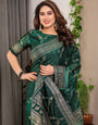 Bottle Green Fendi Satin Floral Block & Foil Printed Saree with Ornamental Border, Tassel Edges & Attached Blouse