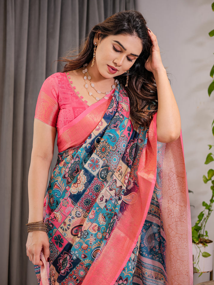 Vibrant Multicolor Cotton Linen Saree with Boho Patchwork Print & Zari Border | Festive Ethnic Wear | With Blouse