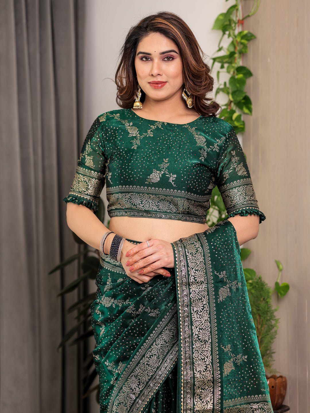 Bottle Green Fendi Satin Floral Block & Foil Printed Saree with Ornamental Border, Tassel Edges & Attached Blouse