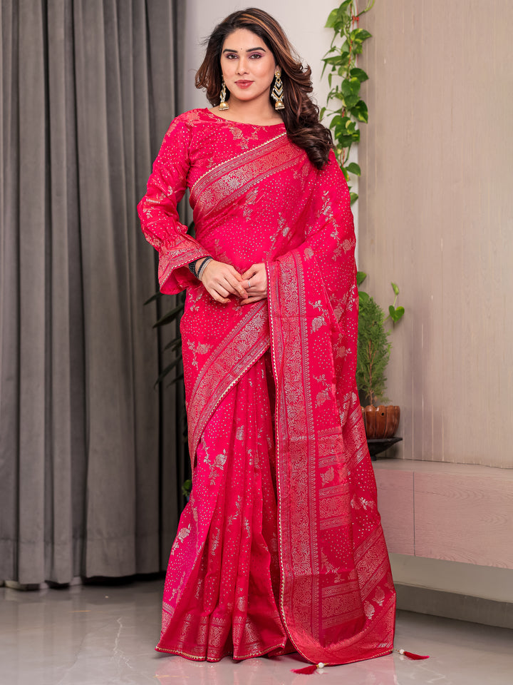 Rani Pink Fendi Satin Floral Block & Foil Printed Saree with Ornamental Border, Tassel Edges & Attached Blouse