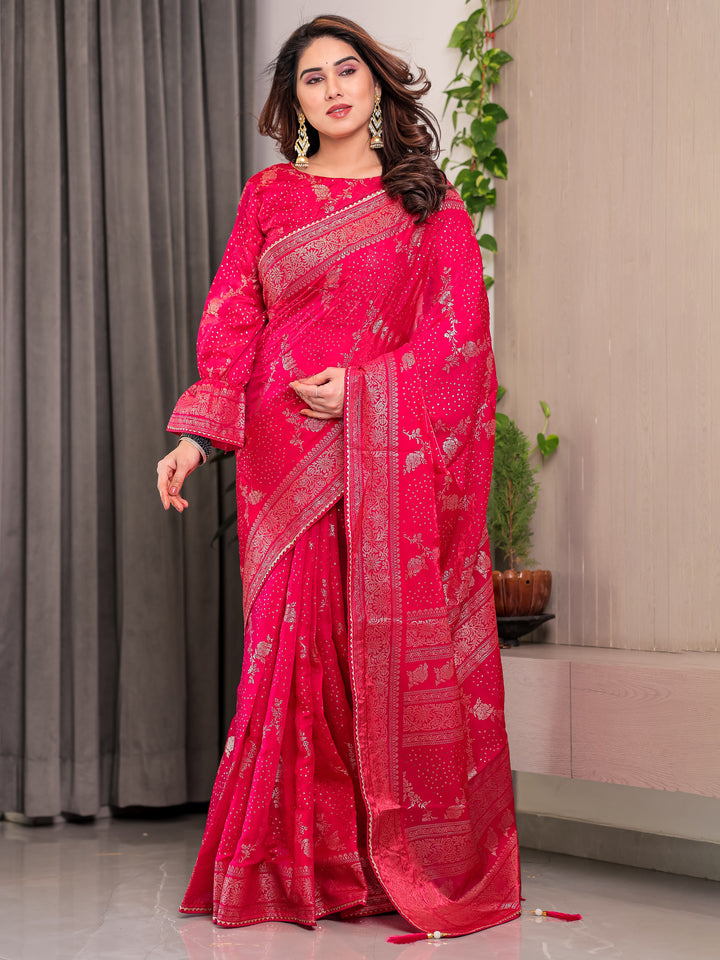 Rani Pink Fendi Satin Floral Block & Foil Printed Saree with Ornamental Border, Tassel Edges & Attached Blouse