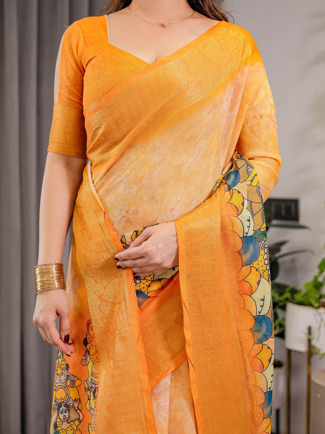 Vibrant Orange Cotton Linen Saree with Traditional Dance Motif Pallu & Zari Border | With Blouse