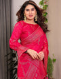 Rani Pink Fendi Satin Floral Block & Foil Printed Saree with Ornamental Border, Tassel Edges & Attached Blouse