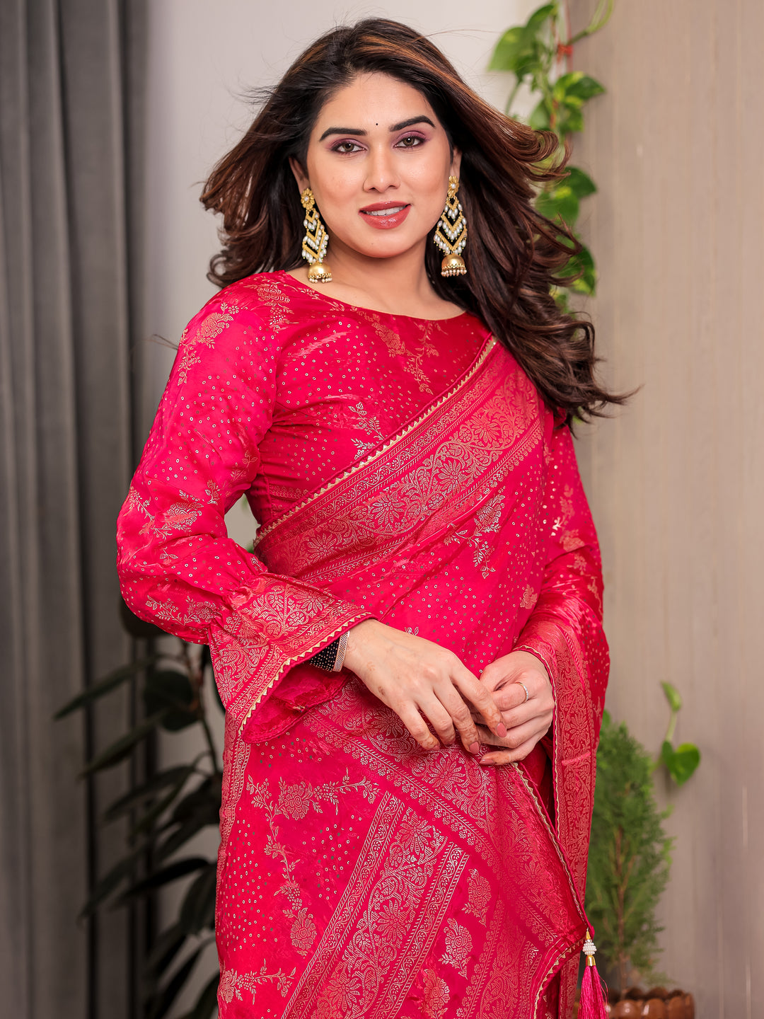 Rani Pink Fendi Satin Floral Block & Foil Printed Saree with Ornamental Border, Tassel Edges & Attached Blouse