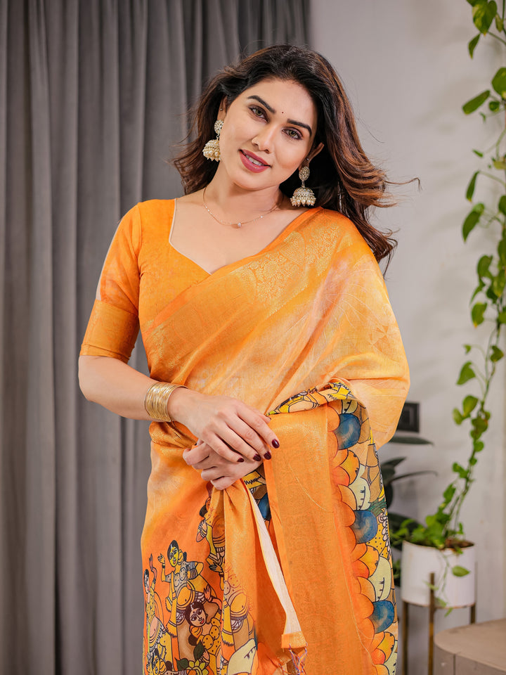 Vibrant Orange Cotton Linen Saree with Traditional Dance Motif Pallu & Zari Border | With Blouse