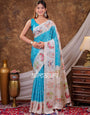 Vantara Aqua Blue Satin Chiffon Printed Saree with Heritage Floral Print, Designer Tassel Pallu & Matching Blouse Piece