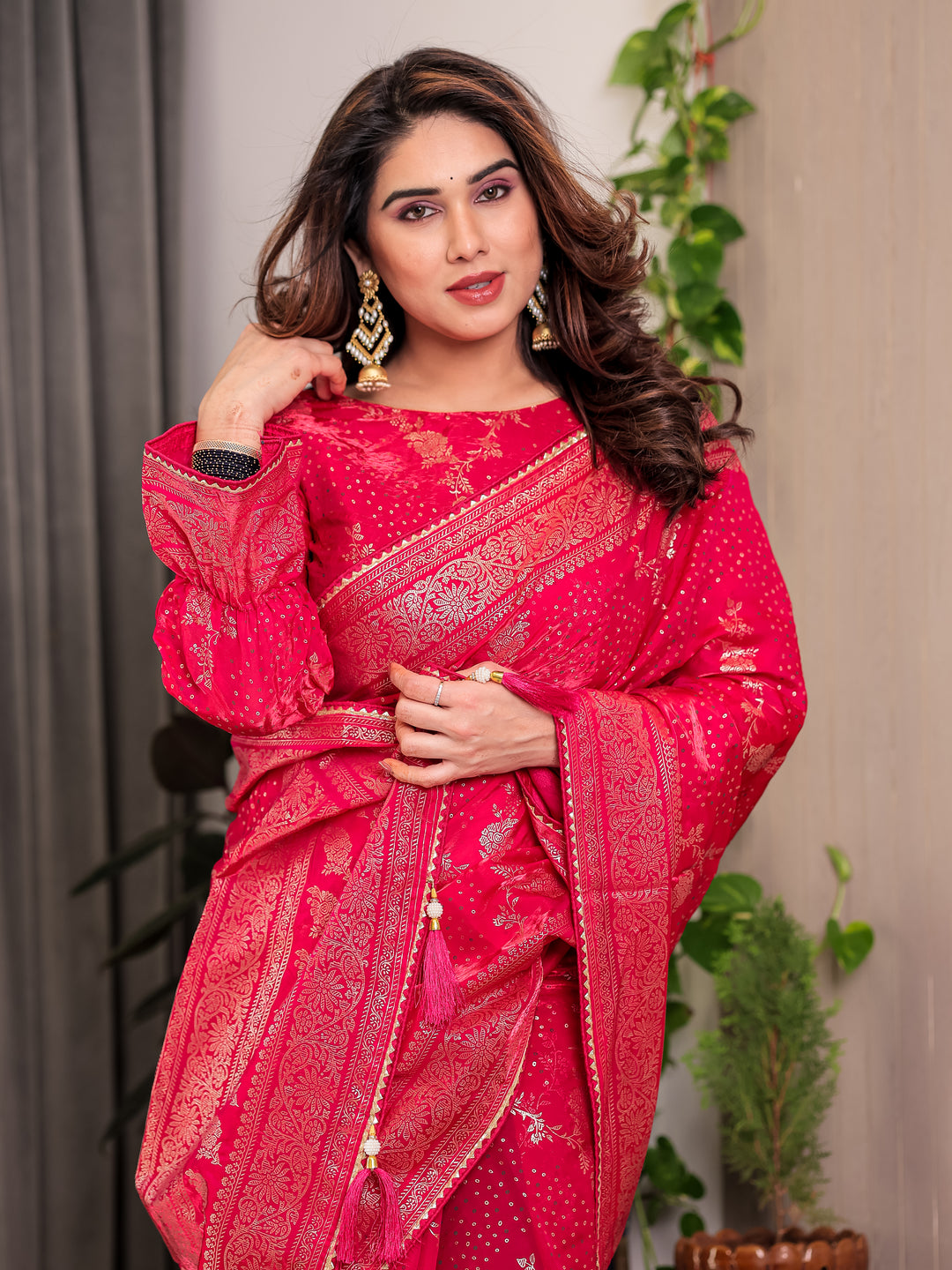 Rani Pink Fendi Satin Floral Block & Foil Printed Saree with Ornamental Border, Tassel Edges & Attached Blouse