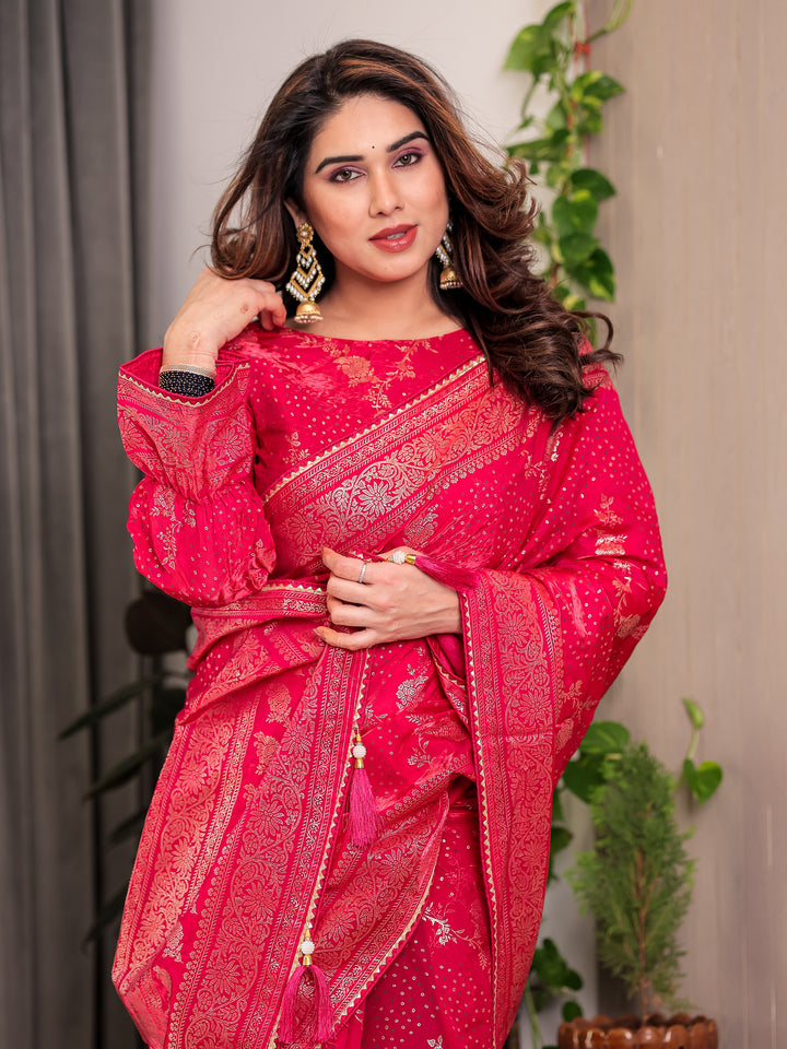 Rani Pink Fendi Satin Floral Block & Foil Printed Saree with Ornamental Border, Tassel Edges & Attached Blouse