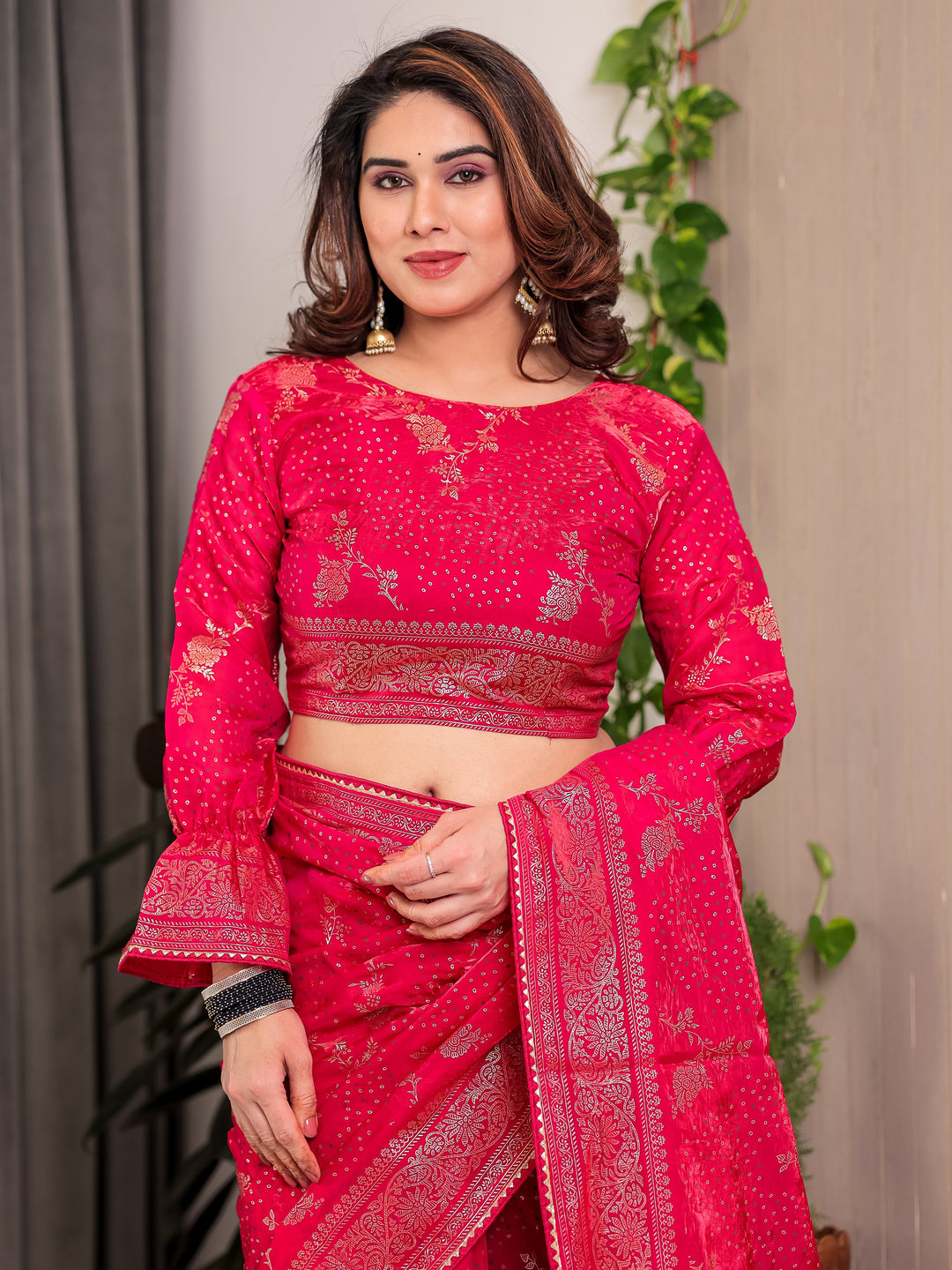 Rani Pink Fendi Satin Floral Block & Foil Printed Saree with Ornamental Border, Tassel Edges & Attached Blouse