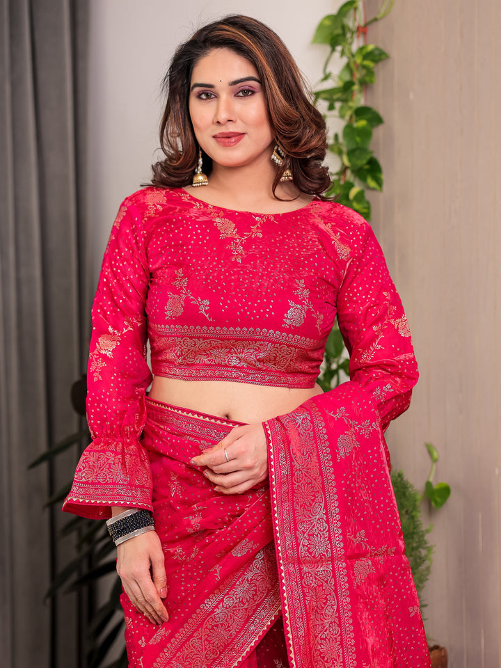 Rani Pink Fendi Satin Floral Block & Foil Printed Saree with Ornamental Border, Tassel Edges & Attached Blouse
