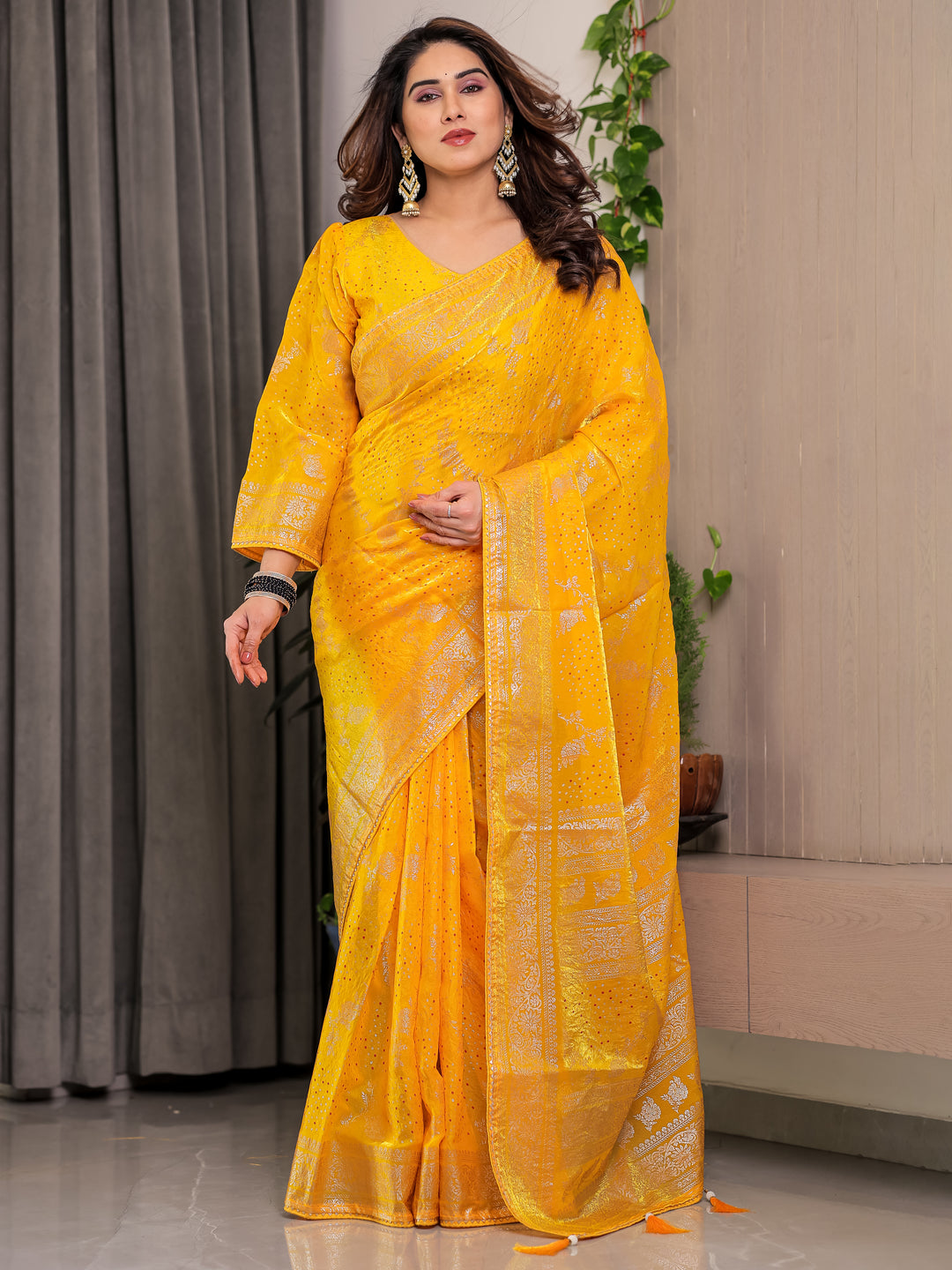 Mustard Yellow Fendi Satin Floral Block & Foil Printed Saree with Ornamental Border, Tassel Edges & Attached Blouse
