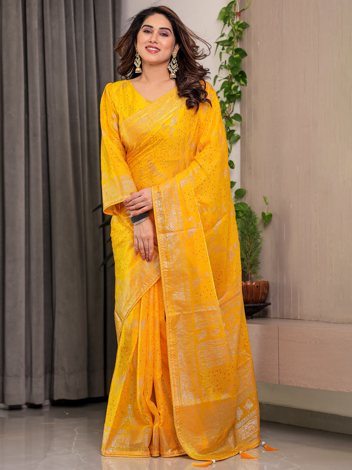 Mustard Yellow Fendi Satin Floral Block & Foil Printed Saree with Ornamental Border, Tassel Edges & Attached Blouse