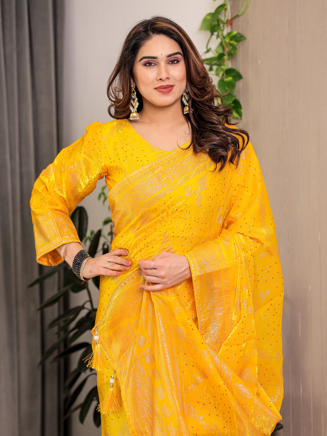 Mustard Yellow Fendi Satin Floral Block & Foil Printed Saree with Ornamental Border, Tassel Edges & Attached Blouse