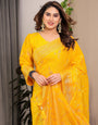 Mustard Yellow Fendi Satin Floral Block & Foil Printed Saree with Ornamental Border, Tassel Edges & Attached Blouse