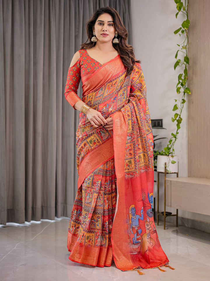 Rust Red Cotton Linen Saree with Madhubani Folk Art Pallu & Zari Border | Ethnic Digital Print | With Blouse Piece
