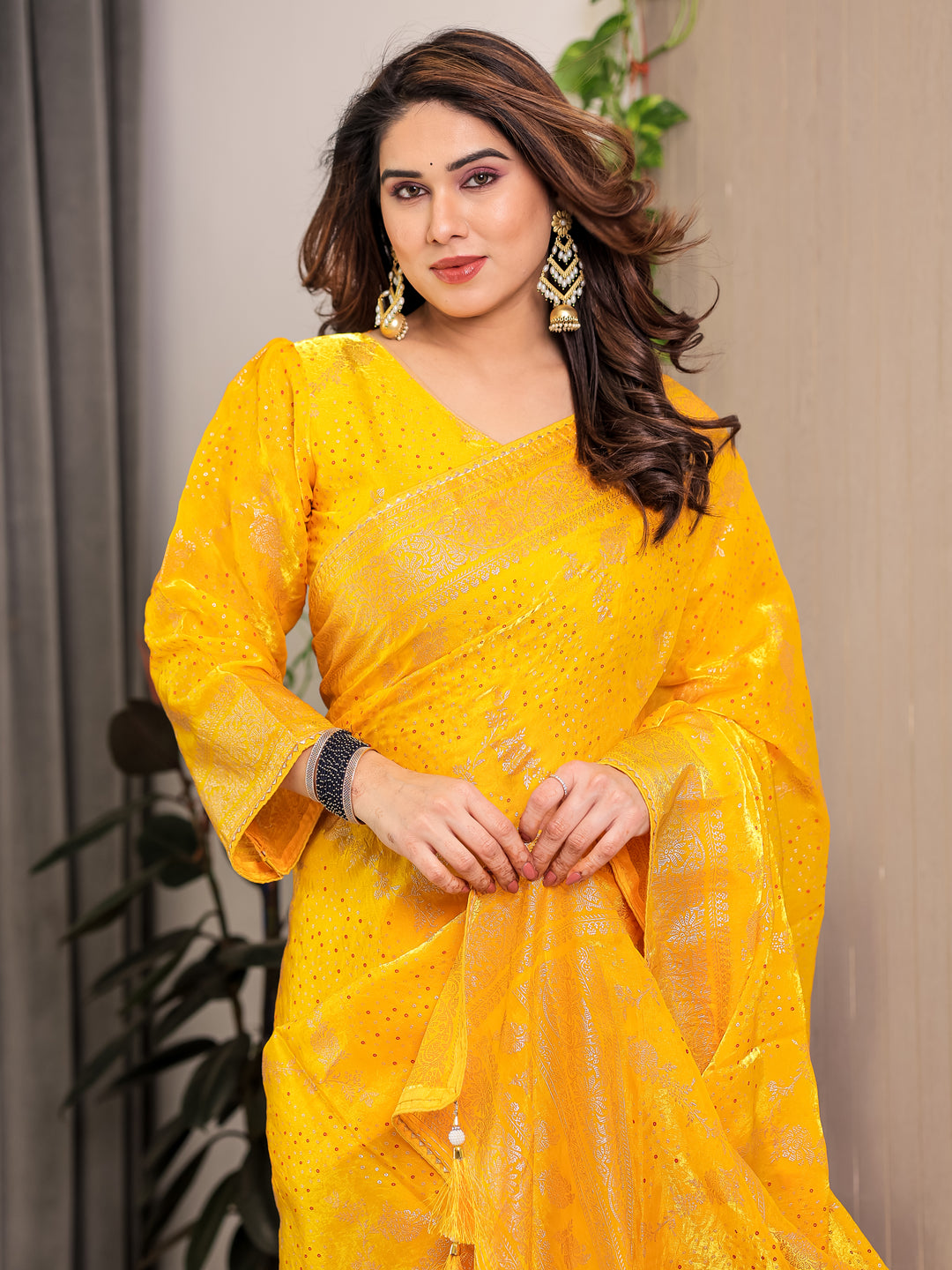 Mustard Yellow Fendi Satin Floral Block & Foil Printed Saree with Ornamental Border, Tassel Edges & Attached Blouse