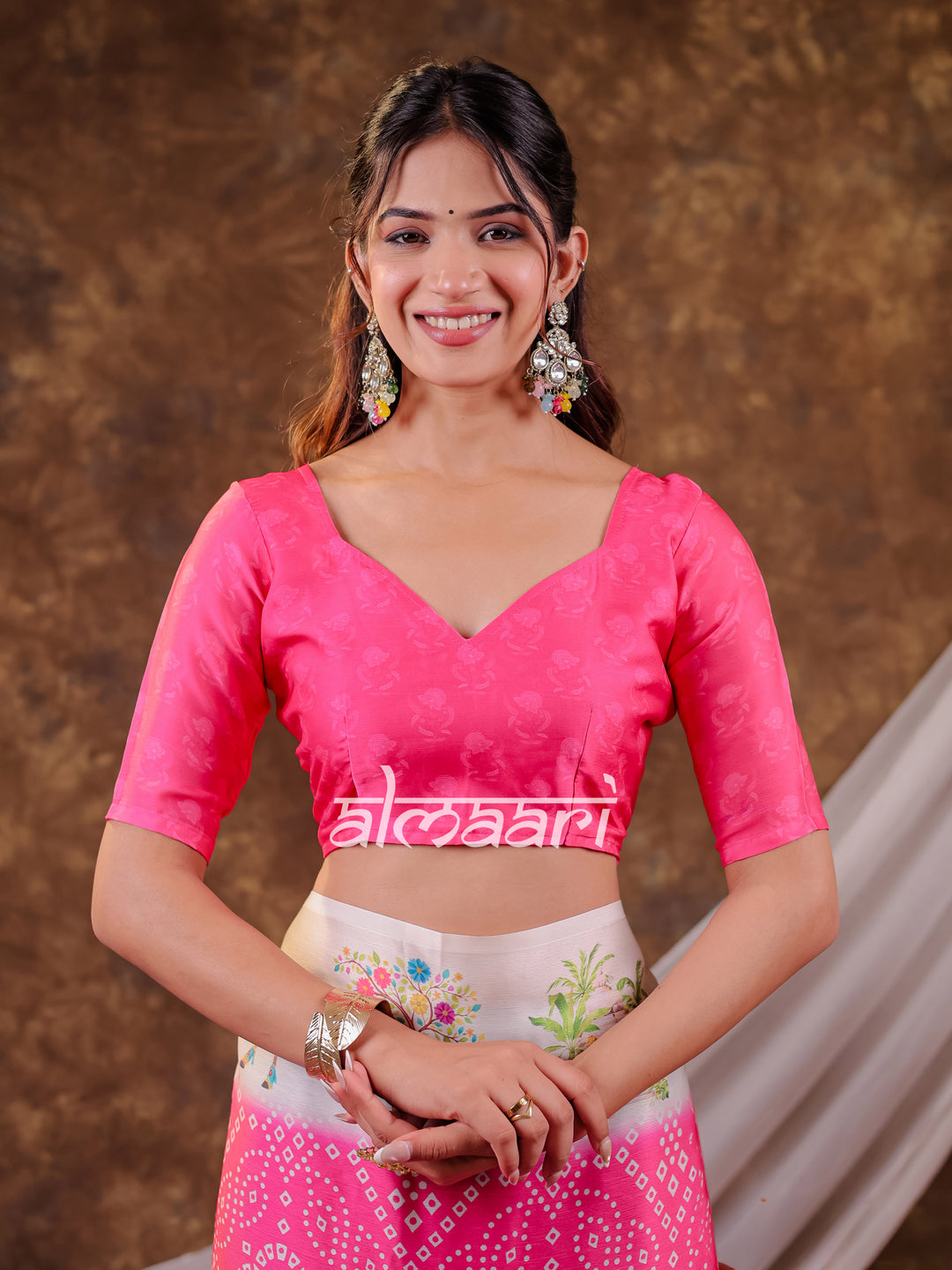Vantara Hot Pink Satin Chiffon Printed Saree with Heritage Floral Print, Designer Tassel Pallu & Matching Blouse Piece