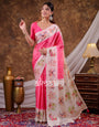 Vantara Hot Pink Satin Chiffon Printed Saree with Heritage Floral Print, Designer Tassel Pallu & Matching Blouse Piece