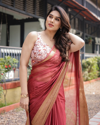 Elegant Maroon Plain Chiffon Saree with Gold Zari Border, Designer Printed Blouse & Tassel Detailing