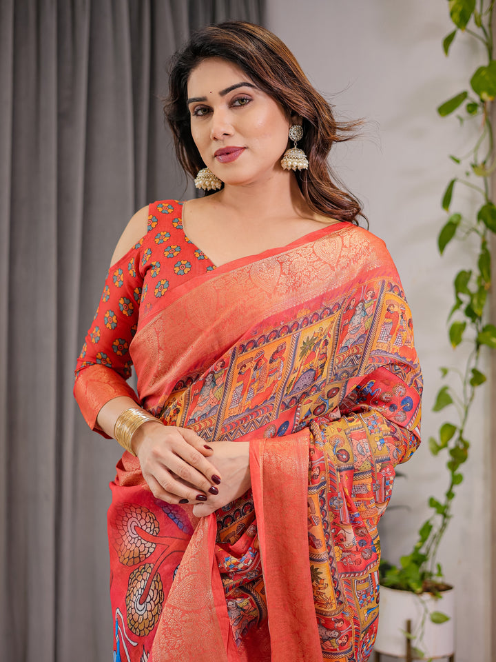 Rust Red Cotton Linen Saree with Madhubani Folk Art Pallu & Zari Border | Ethnic Digital Print | With Blouse Piece