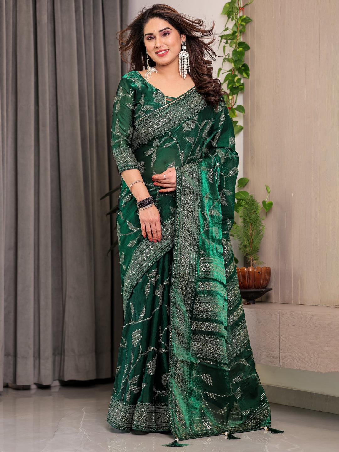Emerald Green Fendi Satin Leafy Floral Block & Foil Printed Saree with Ornamental Border, Tassel Edges & Attached Blouse