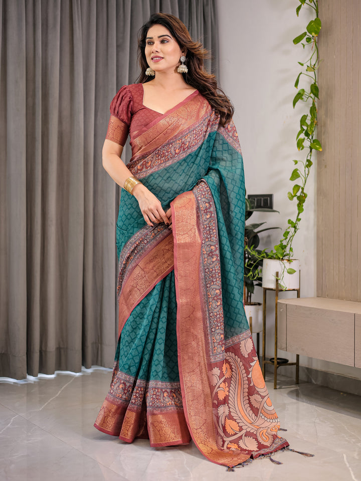 Teal Green Cotton Linen Saree with Rust Zari Border & Peacock Pallu | Ethnic Print | With Blouse