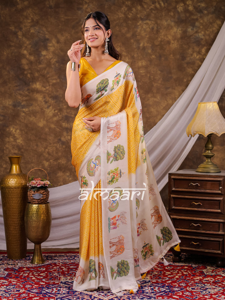 Vantara Mustard Yellow Satin Chiffon Printed Saree with Wildlife & Nature Print, Designer Tassel Pallu & Matching Blouse Piece
