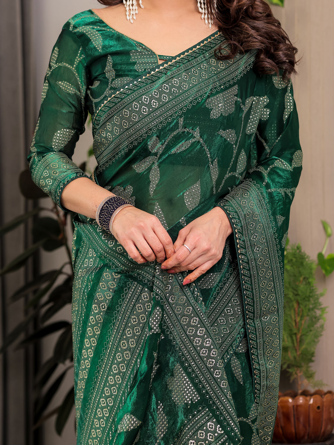 Emerald Green Fendi Satin Leafy Floral Block & Foil Printed Saree with Ornamental Border, Tassel Edges & Attached Blouse