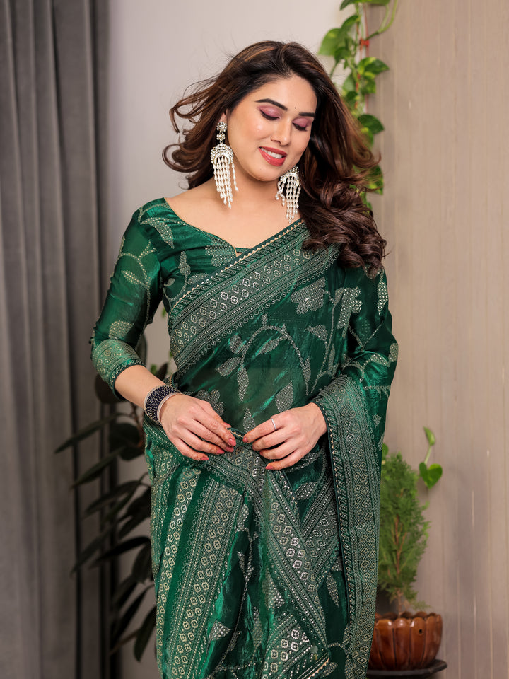 Emerald Green Fendi Satin Leafy Floral Block & Foil Printed Saree with Ornamental Border, Tassel Edges & Attached Blouse