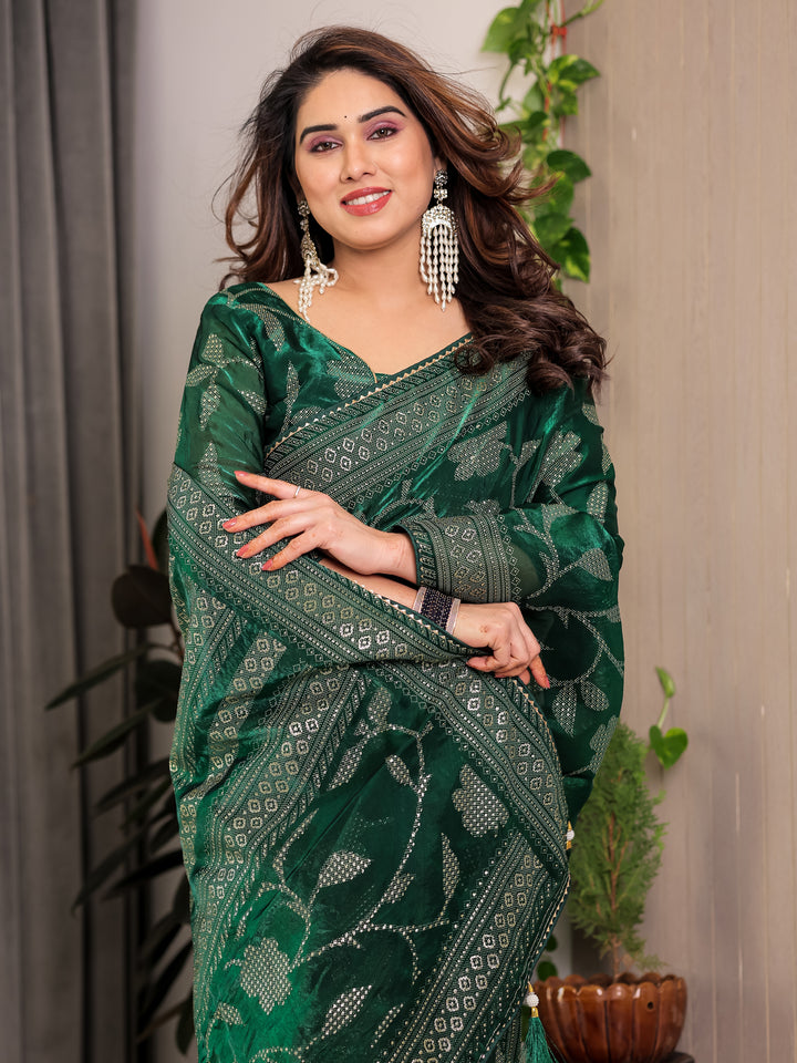 Emerald Green Fendi Satin Leafy Floral Block & Foil Printed Saree with Ornamental Border, Tassel Edges & Attached Blouse