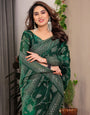 Emerald Green Fendi Satin Leafy Floral Block & Foil Printed Saree with Ornamental Border, Tassel Edges & Attached Blouse
