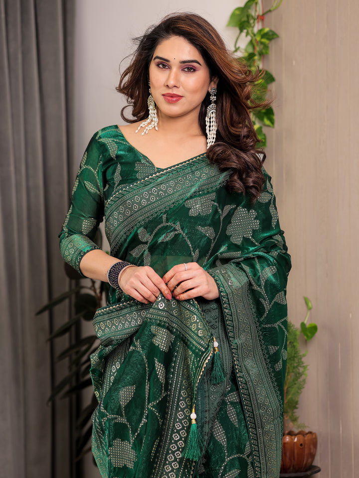 Emerald Green Fendi Satin Leafy Floral Block & Foil Printed Saree with Ornamental Border, Tassel Edges & Attached Blouse