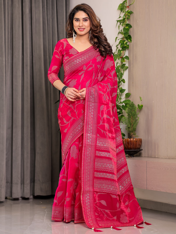 Rani Pink Fendi Satin Leafy Floral Block & Foil Printed Saree with Ornamental Border, Tassel Edges & Attached Blouse