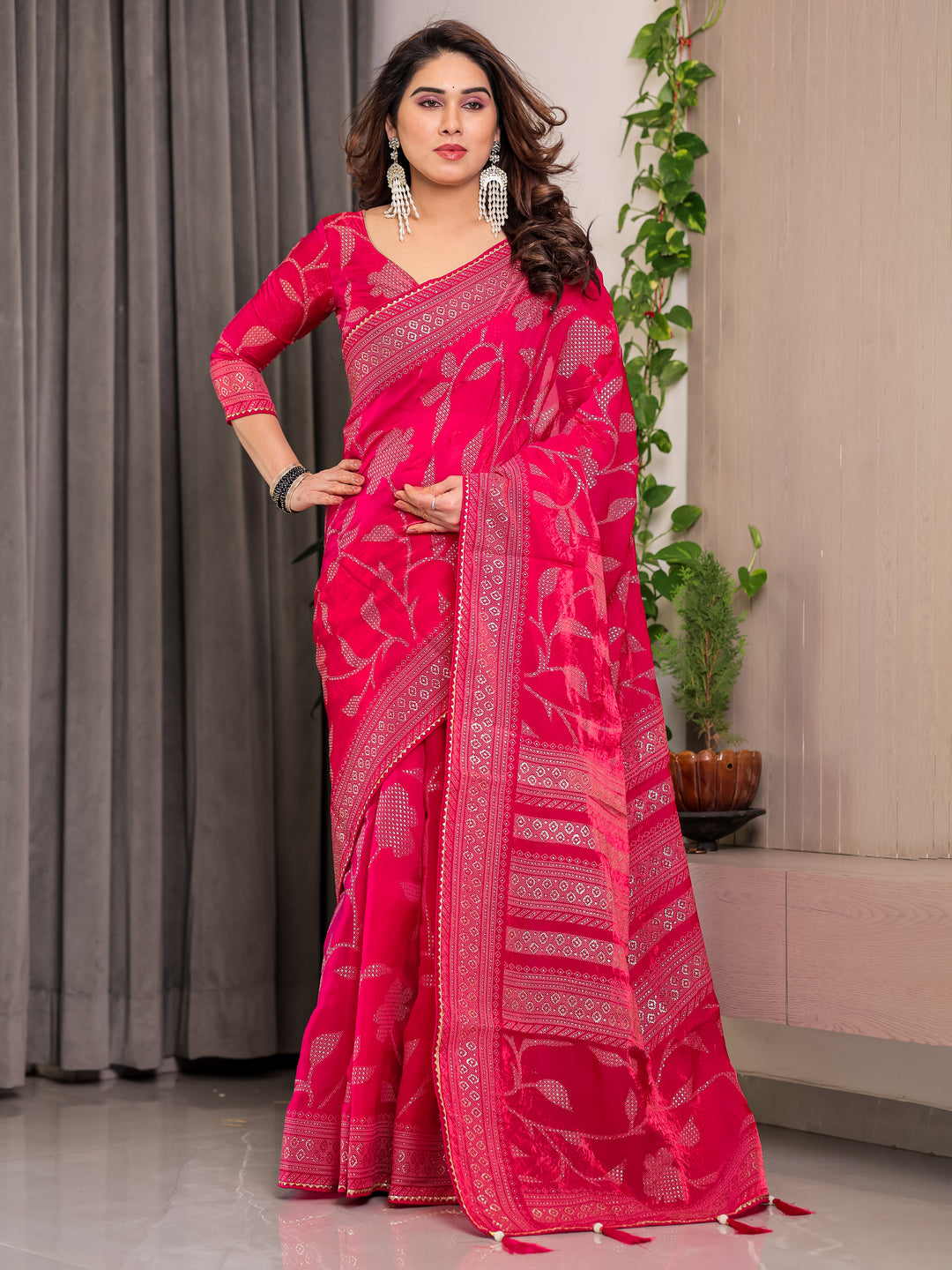 Rani Pink Fendi Satin Leafy Floral Block & Foil Printed Saree with Ornamental Border, Tassel Edges & Attached Blouse