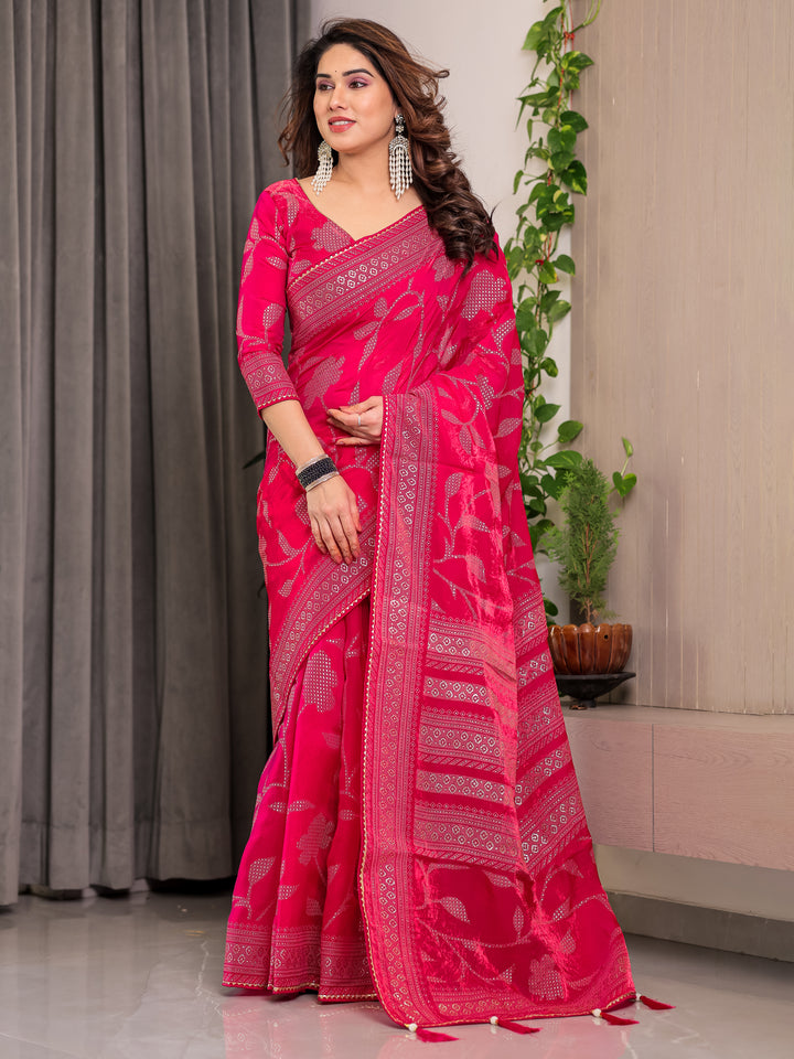 Rani Pink Fendi Satin Leafy Floral Block & Foil Printed Saree with Ornamental Border, Tassel Edges & Attached Blouse