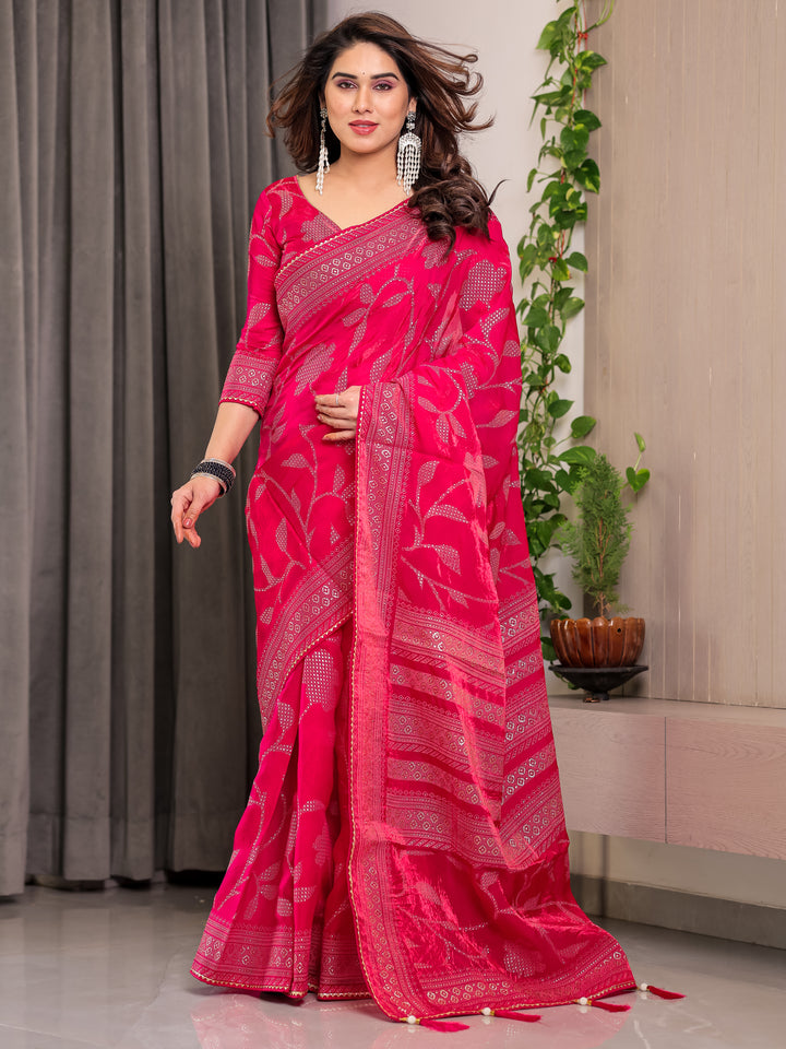 Rani Pink Fendi Satin Leafy Floral Block & Foil Printed Saree with Ornamental Border, Tassel Edges & Attached Blouse