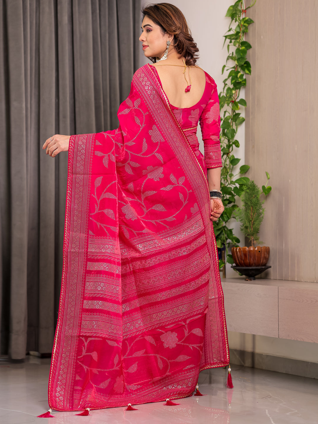 Rani Pink Fendi Satin Leafy Floral Block & Foil Printed Saree with Ornamental Border, Tassel Edges & Attached Blouse