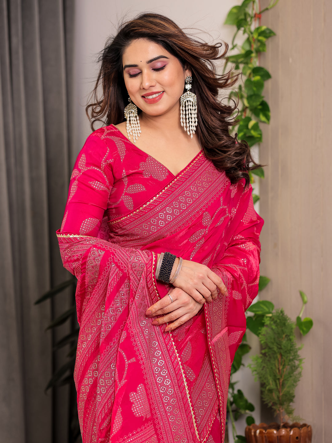 Rani Pink Fendi Satin Leafy Floral Block & Foil Printed Saree with Ornamental Border, Tassel Edges & Attached Blouse