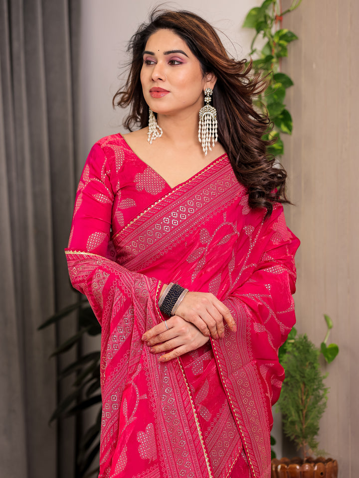 Rani Pink Fendi Satin Leafy Floral Block & Foil Printed Saree with Ornamental Border, Tassel Edges & Attached Blouse