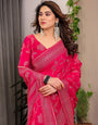 Rani Pink Fendi Satin Leafy Floral Block & Foil Printed Saree with Ornamental Border, Tassel Edges & Attached Blouse